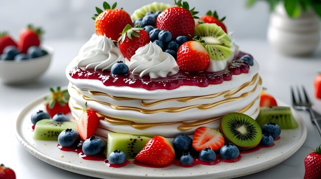 Three Layer Pavlova Cake with fluffy Whipped Cream, sweet Raspberry Jam, and an assortment of fresh Fruit and Berries, including strawberries, blueberries, and kiwi, on a white ceramic plate