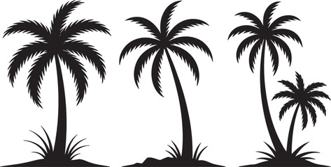 Obraz premium Three Black Palm Trees With Grass On White Background Keywords: palm tree, coconut tree, tropical