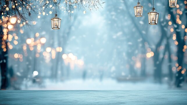 Winter product presentation with white backdrop, blurred tree background, hanging lights and falling snow creating a cozy atmospheric winter-themed setting for showcasing items.