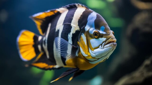 Stunning close up underwater shot of a vibrant cichlid fish with striking black white and yellow markings