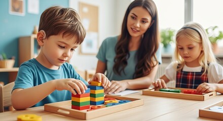 Fototapeta premium Preschooler building tower with blocks, while two kids learn with teacher in the classroom setting. Preschool teacher helping children in a learning environment.