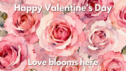 Watercolor rose background with "Love Blooms Here" represents gentle and romantic love, suitable for artistic style holiday greeting cards or social sharing scenes.
