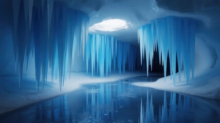Magical icy cave with frozen stalactites and a reflective pool of water