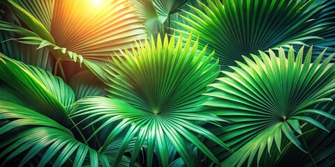 Obraz premium Lush Tropical Foliage Vibrant Green Palm Leaves Illuminated by Sunlight, Creating a Serene and Exotic Natural Background