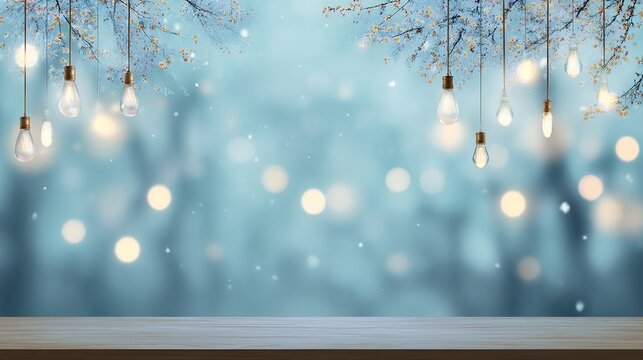 Winter product presentation with white backdrop, blurred tree background, hanging lights and falling snow creating a cozy atmospheric winter-themed setting for showcasing items.