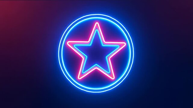 Star of Light: An alluring neon star, radiating vibrant hues of blue and pink, encased in a luminous circle, illuminating the depth of a dark background.