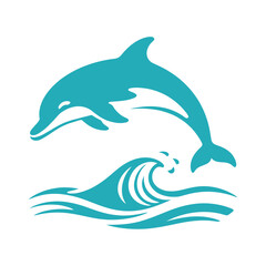 Obraz premium Isolated blue stylized dolphin jumping over a large ocean wave, capturing the energy of marine life vector graphic.