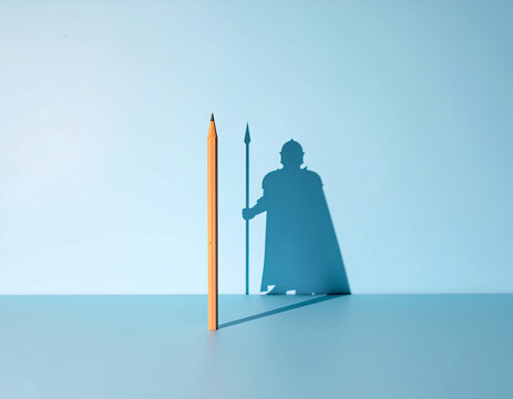 Wooden pencil standing upright casts shadow resembling knight holding spear, symbolizing creativity and imagination