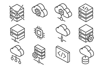 Cloud computing and data storage icons featuring servers, gears, code, and networks.