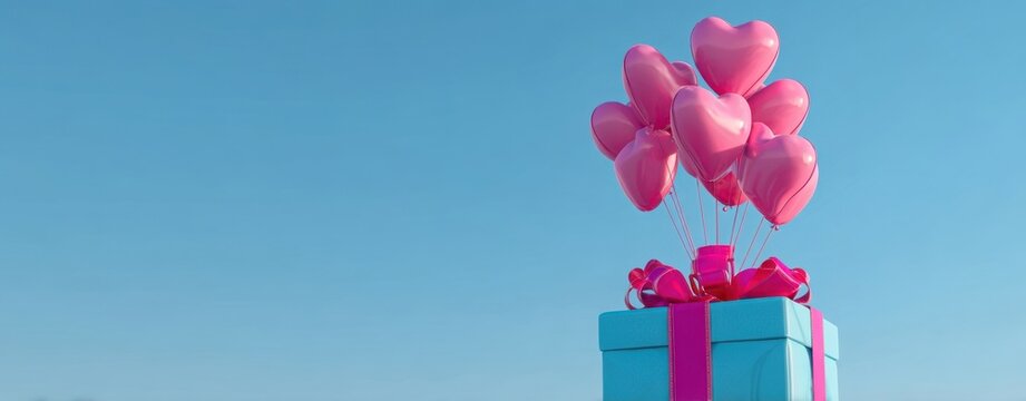 The gift box topped with pink heart balloons against a clear blue sky