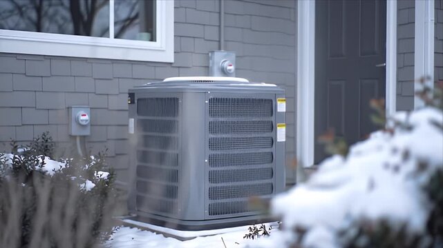 Air conditioning unit sits outside a home in the winter snow