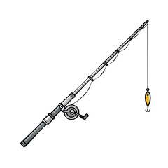 Fishing pole with yellow lure ready to cast a line for catching fish with reel, rod and fishing equipment