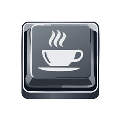 Steaming Coffee Cup Icon on Dark Glossy Button Interface Graphic