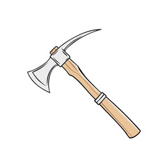 Illustration of a hatchet with a wood handle and pickaxe end