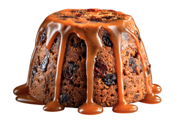 Caramelized Christmas pudding with candied fruits and elegant brandy sauce drizzle in white pudding basin, ultra-realistic flat-lay food photography on transparent background