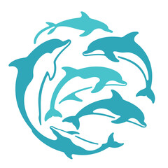 Fototapeta premium Pod of seven dolphins swimming together in a swirling, circular pattern in shades of blue vector illustration.