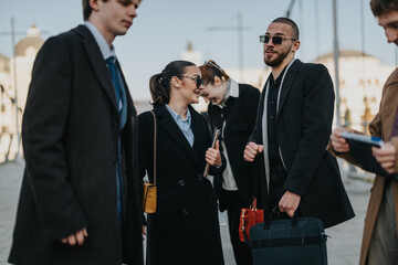 A group of young coworkers chat and laugh on a sunny outdoor location.