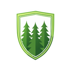 Green shield emblem with pine trees symbolizing forest protection and conservation