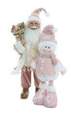 Cute figures of Santa Claus and snowman isolated on white. Merry Christmas and Happy New Year