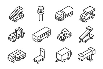 Isometric airport vehicles and equipment icons collection.
