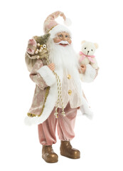Cute Santa Claus figure with gifts and toy bear isolated on white. Merry Christmas and Happy New Year