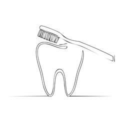 One line drawing of a tooth with a toothbrush for dental care