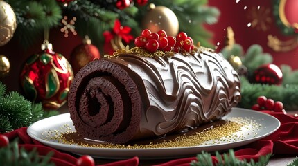 A traditional Yule log roll cake, adorned with rich, velvety chocolate ganache, placed on a vibrant Christmas decorated background