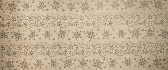 Vintage snowflake and floral stripe pattern on kraft paper