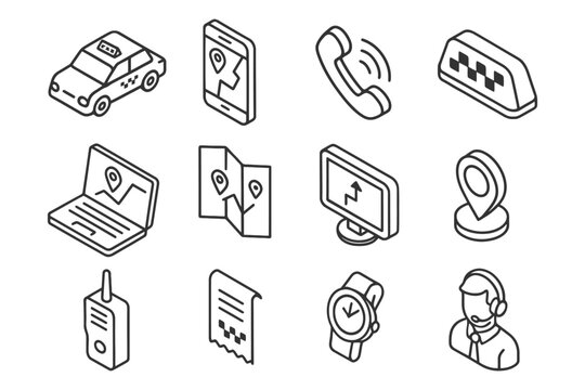 Taxi service icons: communication, navigation, and technology elements.