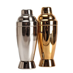 Two elegant cocktail shakers in silver and gold finish sitting side by side in a well-lit kitchen setting on transparent background