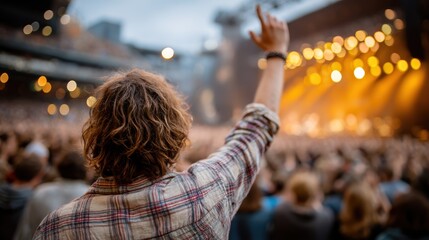A concertgoer raises their hand in a sea of enthusiastic fans, capturing the electrifying atmosphere and shared joy of live music performances and connection.