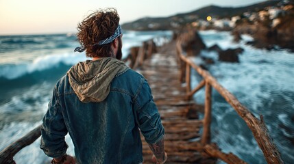 A rugged man strolls along a weathered wooden path beside crashing waves as the sun sets, evoking a sense of adventure and freedom in this beautiful coastal scene.