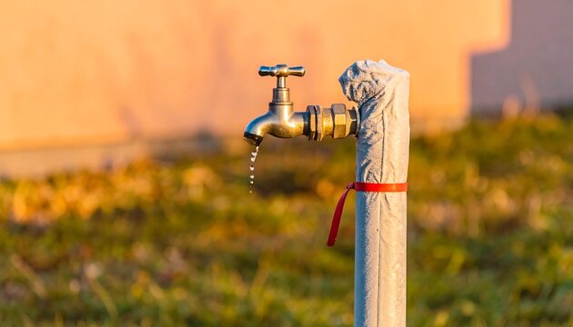 夕暮れの光に照らされた屋外水道管の蛇口の凍結対策の風景