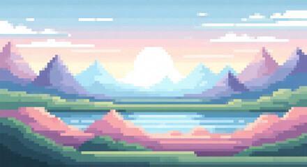 Pixel art mountain landscape with sharp peaks reflecting in a clear lake, framed by trees and soft pastel colors