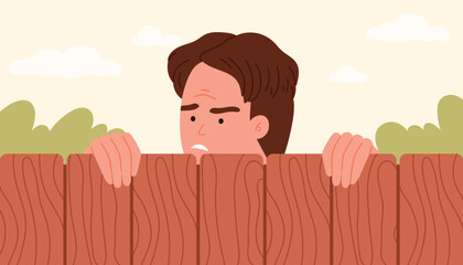 Man peeking over wooden fence with jealous expression, representing envy or curiosity about neighbor life, outdoors in a suburban setting, vector illustration