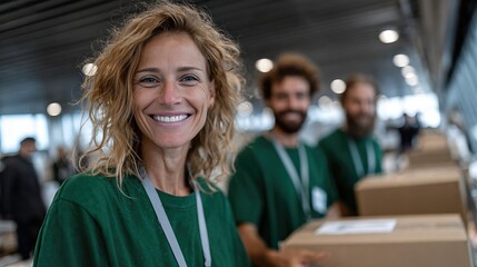 A group of cheerful volunteers, wearing matching green shirts, smile brightly as they hold stacked cardboard boxes, illustrating teamwork and community spirit in action.