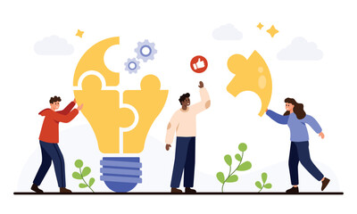 People assembling puzzle pieces to form a light bulb, representing teamwork, creative ideas, and problem solving in business or education, isolated on white background vector illustration
