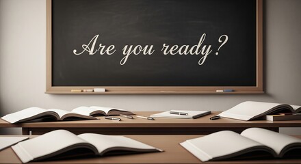 Are you ready? chalkboard with open books and pens on a wooden desk with a grey background in a classroom setting for a teacher.