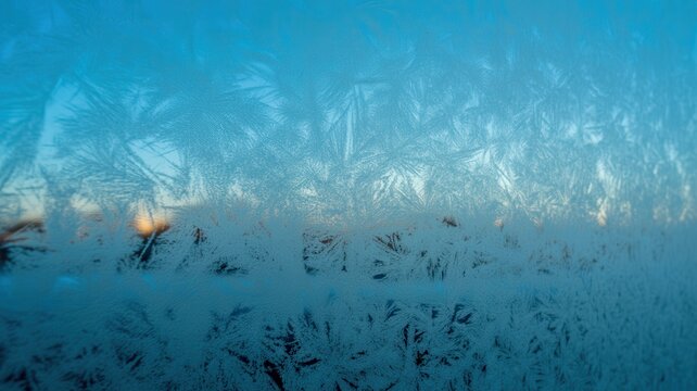 Abstract patterns of frost crystals forming on a window pane with a soft blue sky background - Powered by Adobe