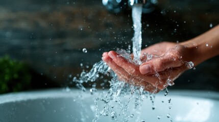 Fototapeta premium A close-up of hands gently washing under a stream of water, representing cleanliness and self-care in a contemporary setting, ideal for wellness and hygiene concepts.