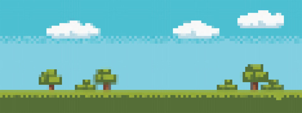 Pixel art side-scrolling background with small trees, bushes, and pixelated clouds over a green field and blue sky