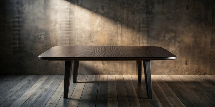 Dark Wood Table Against Textured Wall in a Room with Wooden Floor