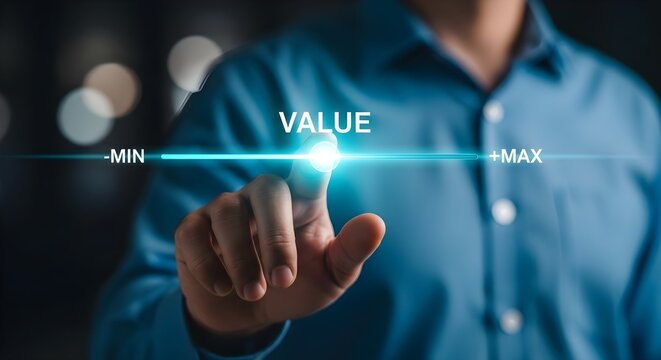 Man adjusting value slider on virtual interface increasing worth