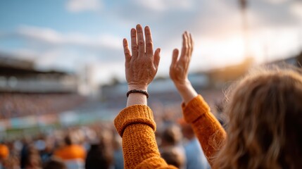 A crowd of enthusiastic fans raise their arms in excitement during a lively sporting event, showcasing the thrill of connection and communal enjoyment.
