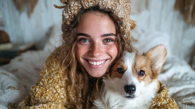 A joyful girl with curly hair and a beaming smile poses for a close-up photo with her fluffy Corgi dog in a cozy bedroom setting, surrounded by warmth and comfort.