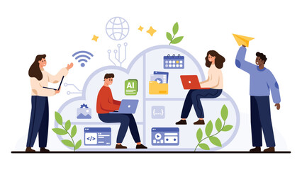 Teamwork with laptops and digital devices around cloud storage, sharing files, managing schedules, and online workspace tools for productivity and remote work, isolated on white background vector