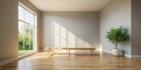 Fototapeta premium Serene Minimalist Room with Sunlight Streaming Through Large Window and Simple Wooden Bench