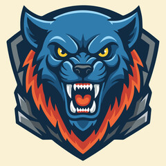 Fototapeta premium Aggressive blue wolf head mascot with snarling expression and sharp teeth, depicted in a bold graphic style.
