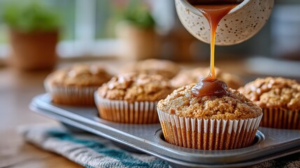 Freshly baked muffins being drizzled with rich caramel sauce, creating a delightful treat that is both visually appealing and mouthwatering, perfect for any dessert lover.