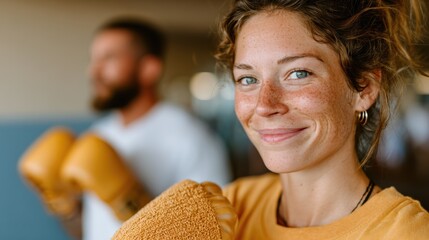 A confident female boxer smiles at the camera, ready for practice in the gym, showcasing strength and determination amidst a backdrop of fitness and camaraderie.
